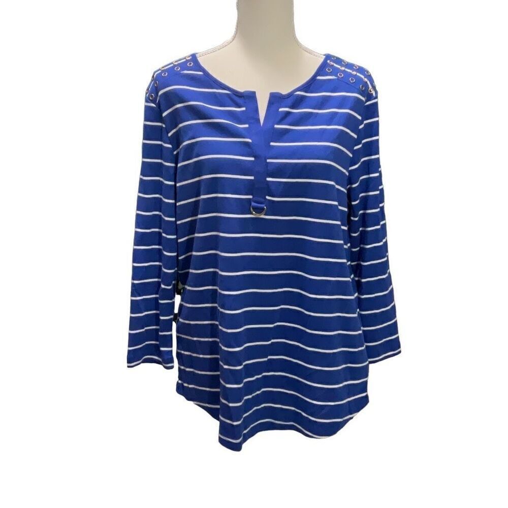 Jones New York Signature NWT Blue White Stripe Long Sleeve Top V-neck Size XL